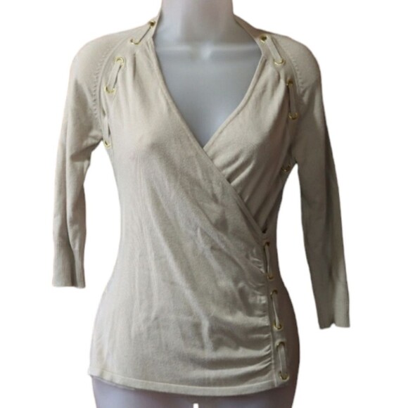 Cache Vintage Tan Y2K Vneck Crossover Faux Wrap Grommet Top Small - Picture 1 of 16